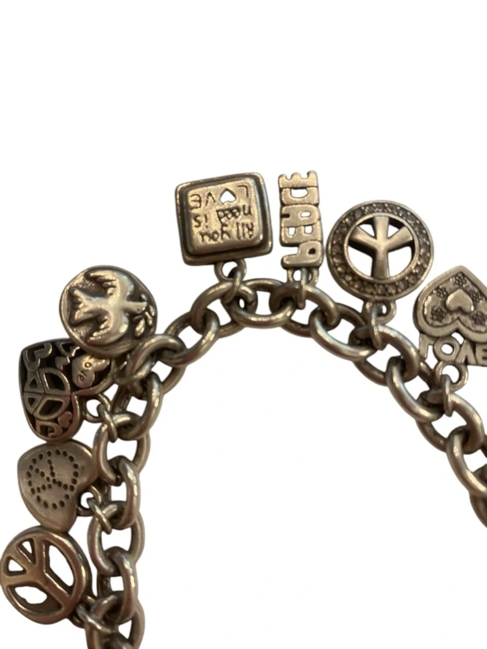 Brighton Women’s Peace Love Heart Silver Charm Bracelet Jewelry great condition